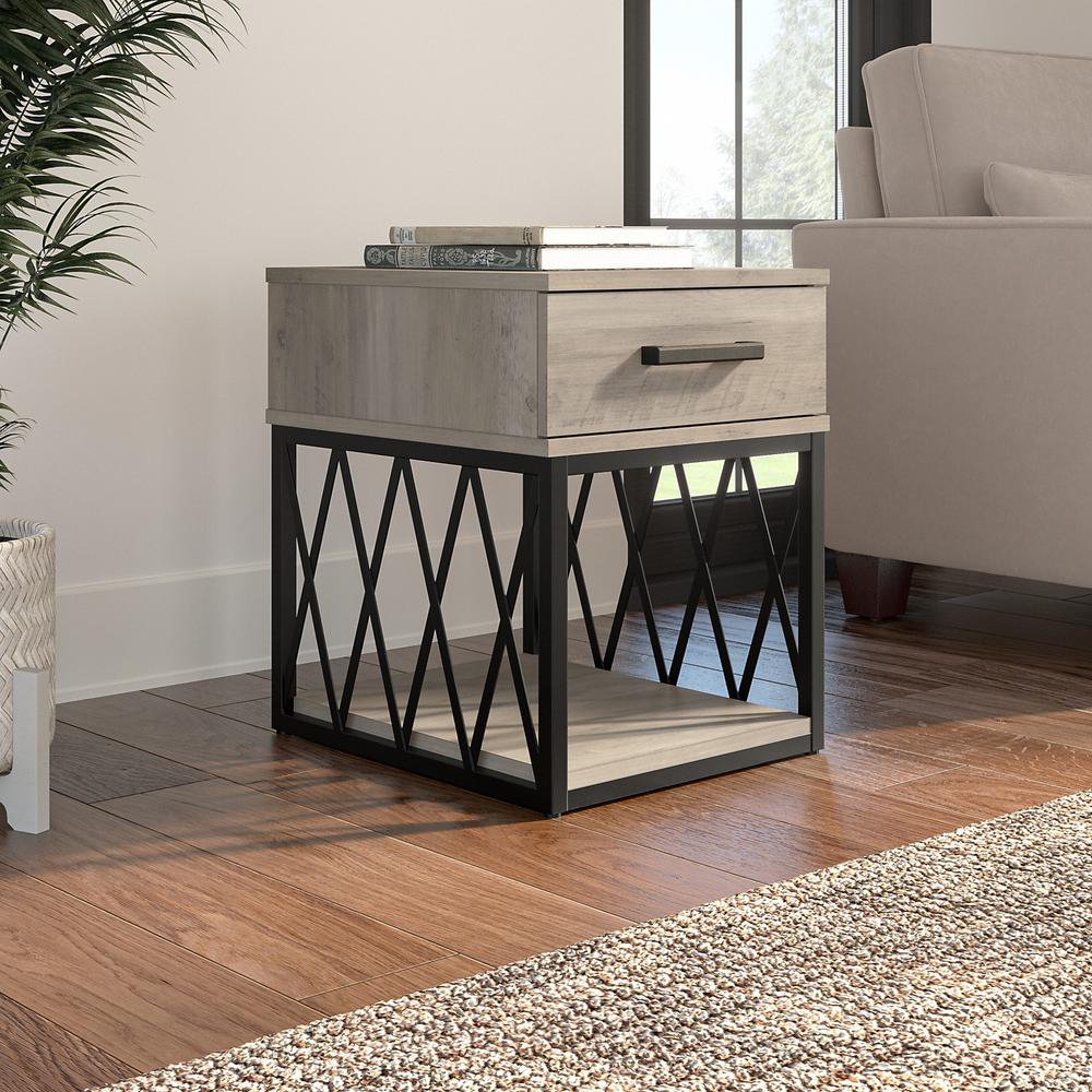 kathy ireland® Home by Bush Furniture City Park Industrial End Table with Drawer, Driftwood Gray. Picture 2