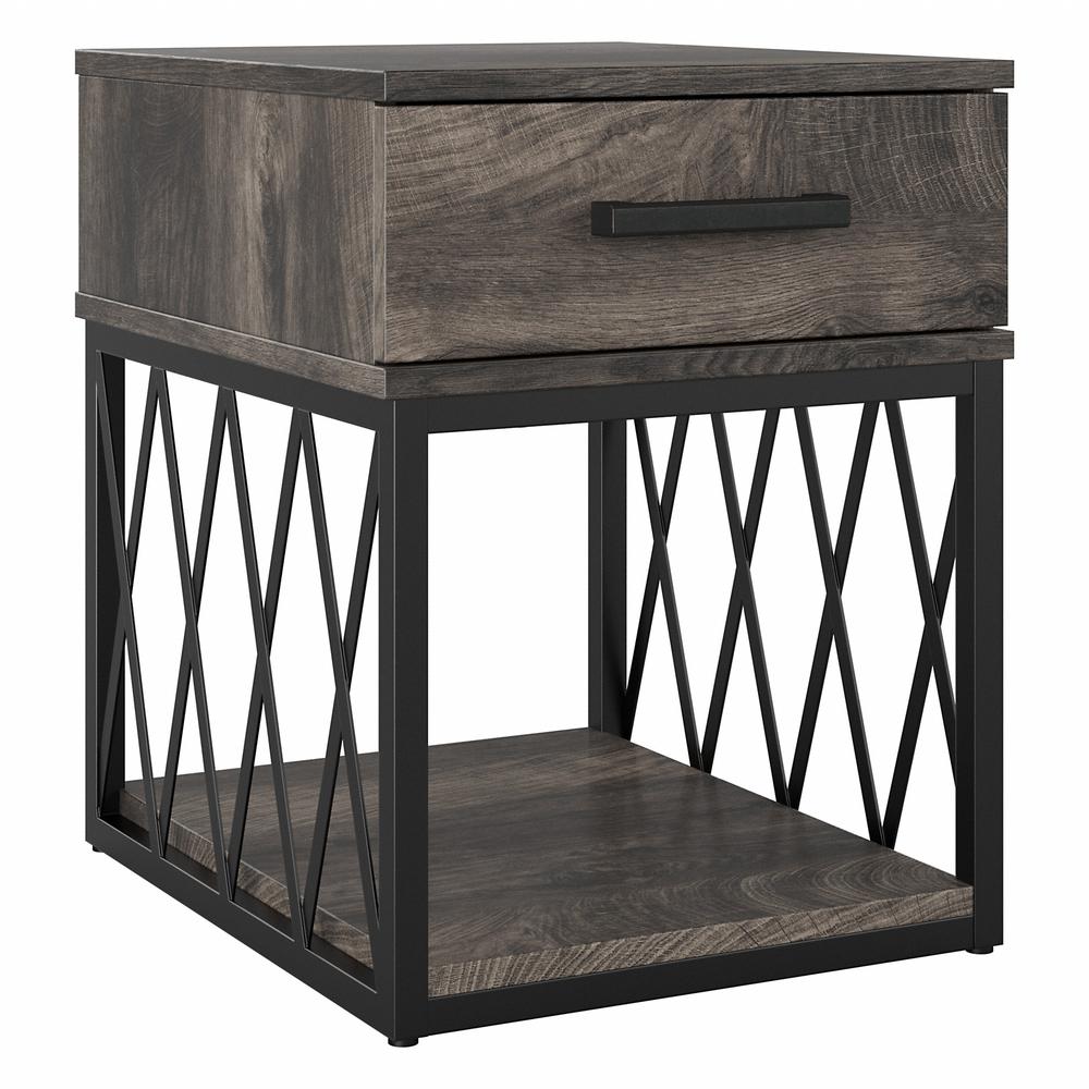 kathy ireland® Home by Bush Furniture City Park Industrial End Table with Drawer, Dark Gray Hickory. Picture 1