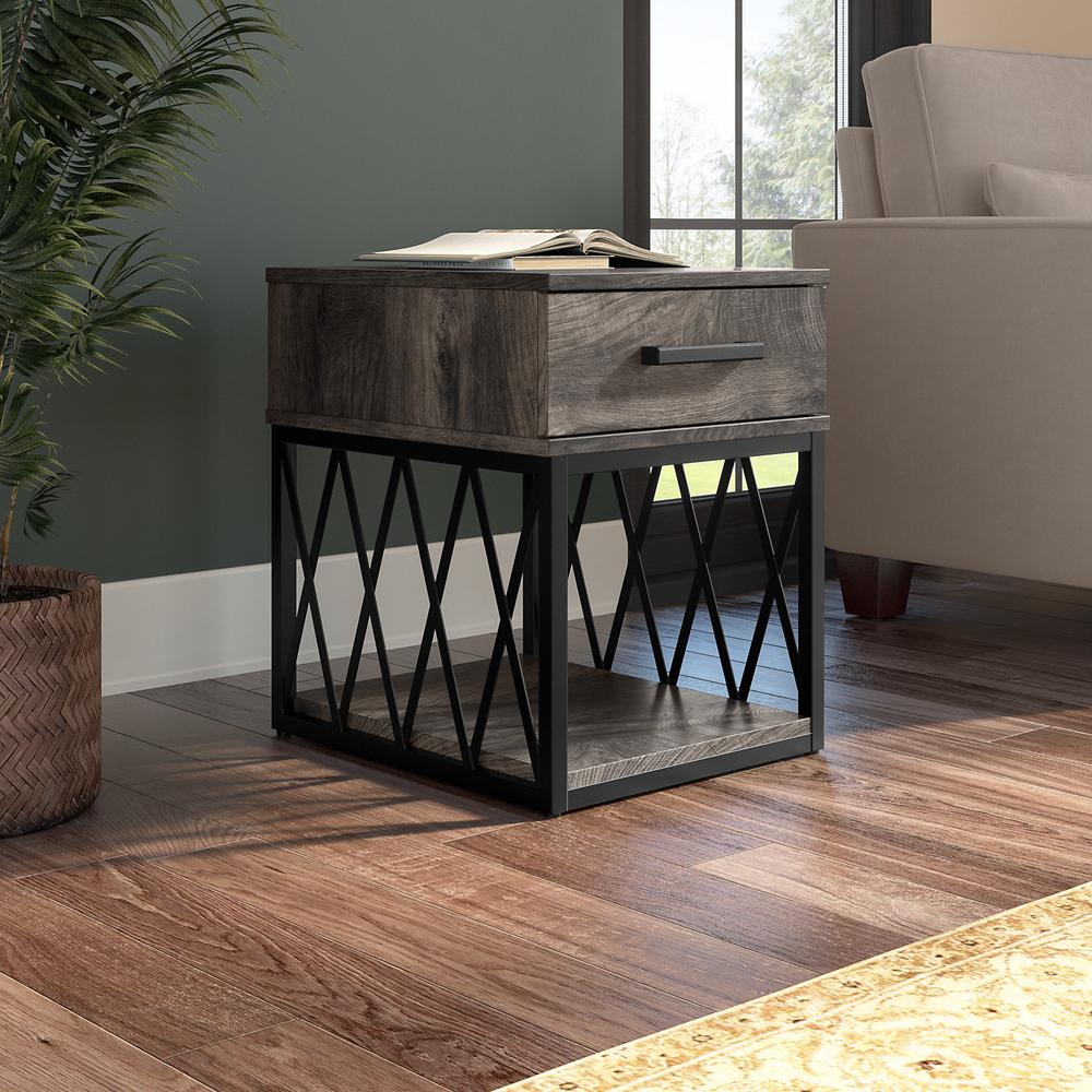 kathy ireland® Home by Bush Furniture City Park Industrial End Table with Drawer, Dark Gray Hickory. Picture 2