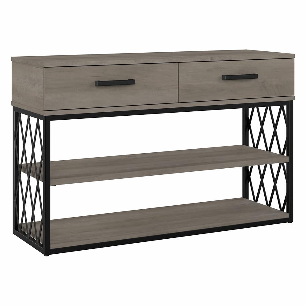 kathy ireland® Home by Bush Furniture City Park Industrial Console Table with Drawers and Shelves, Driftwood Gray. Picture 1