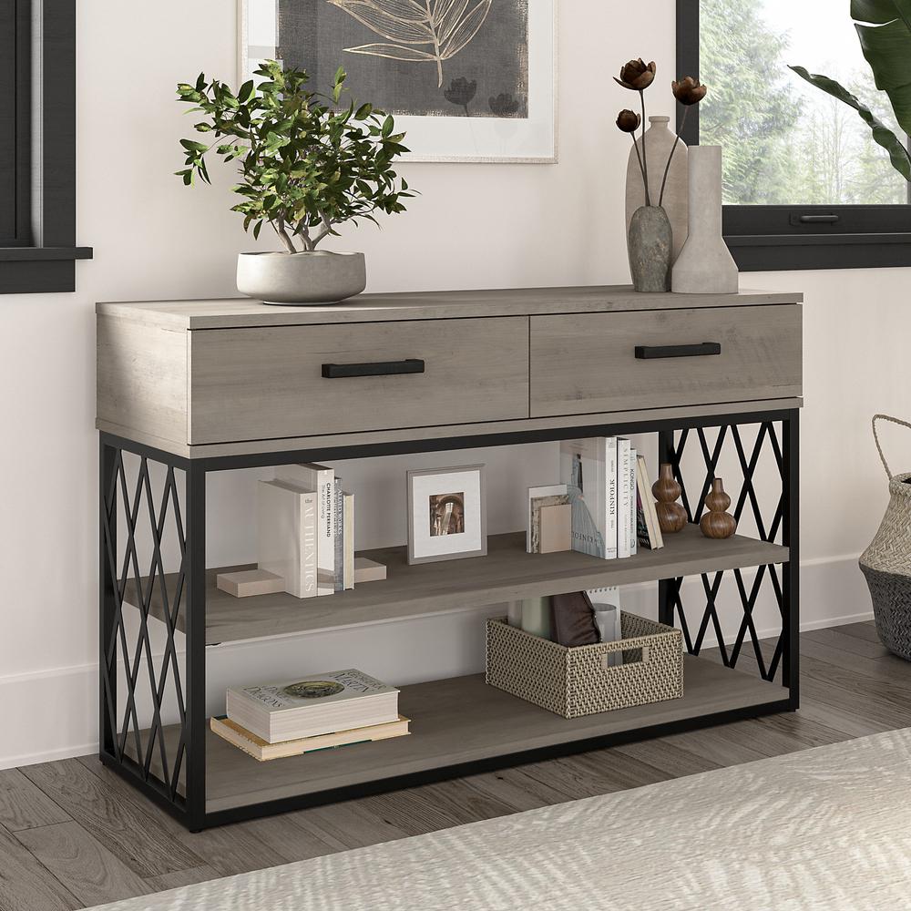 kathy ireland® Home by Bush Furniture City Park Industrial Console Table with Drawers and Shelves, Driftwood Gray. Picture 2