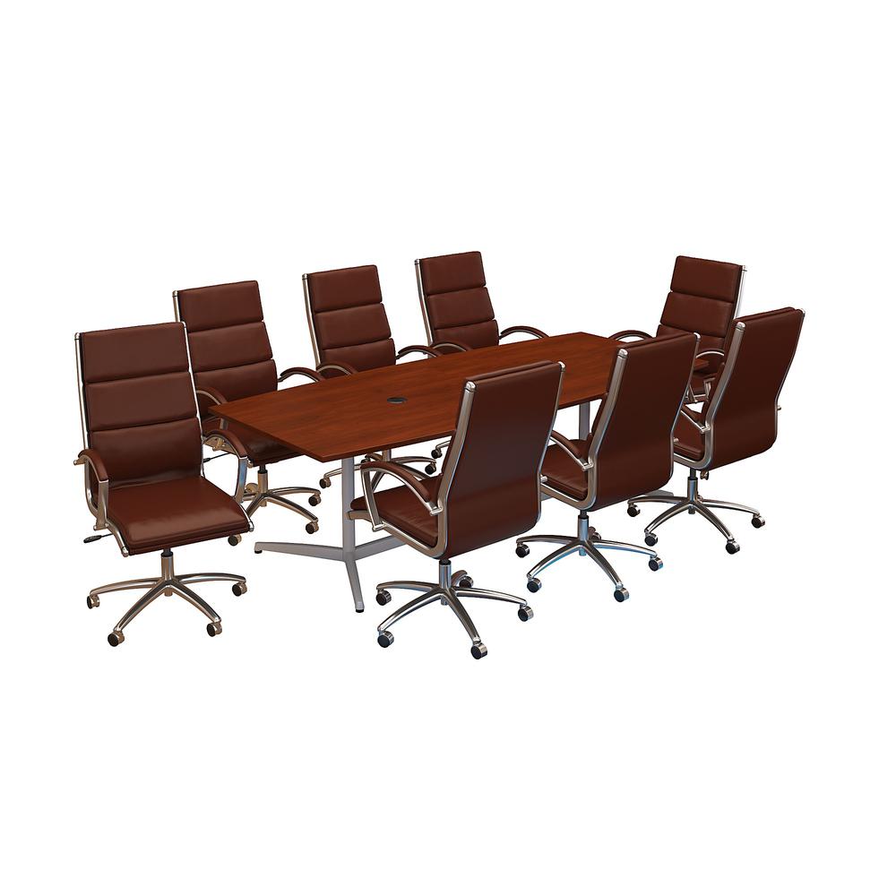 96W x 42D Boat Shaped Conference Table with Metal Base and Set of 8 High Back Office Chairs, Hansen Cherry. Picture 1