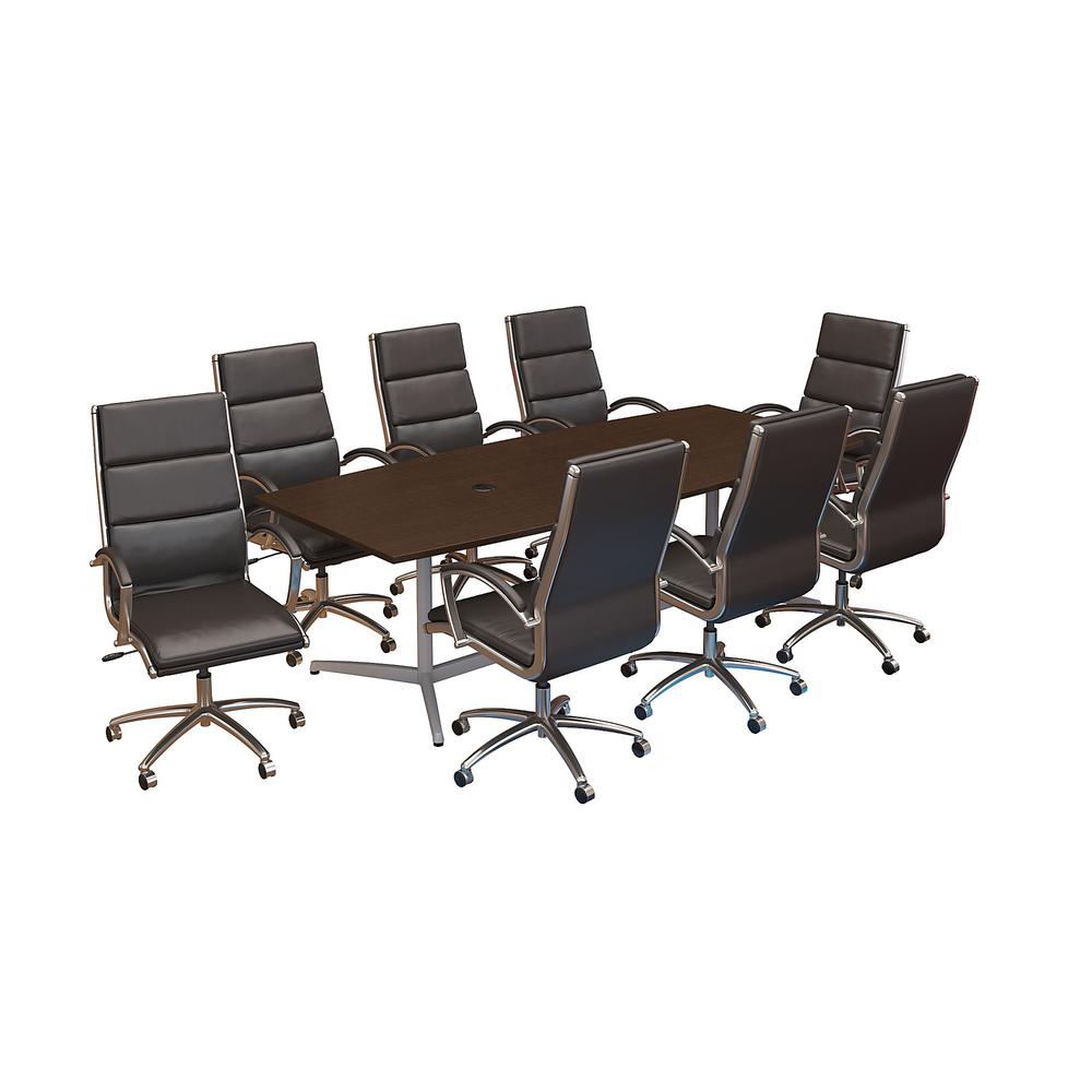 96W x 42D Boat Shaped Conference Table with Metal Base and Set of 8 High Back Office Chairs, Mocha Cherry. Picture 1