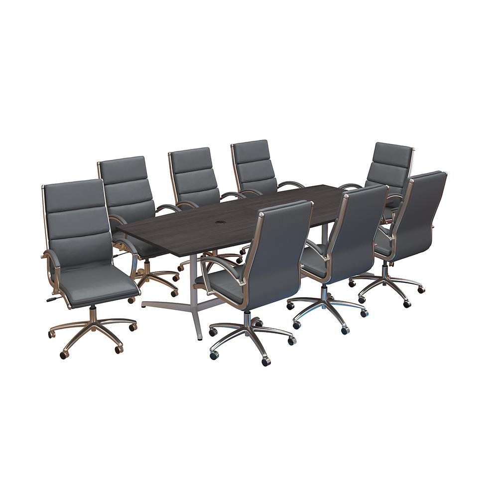 96W x 42D Boat Shaped Conference Table with Metal Base and Set of 8 High Back Office Chairs, Storm Gray. Picture 1