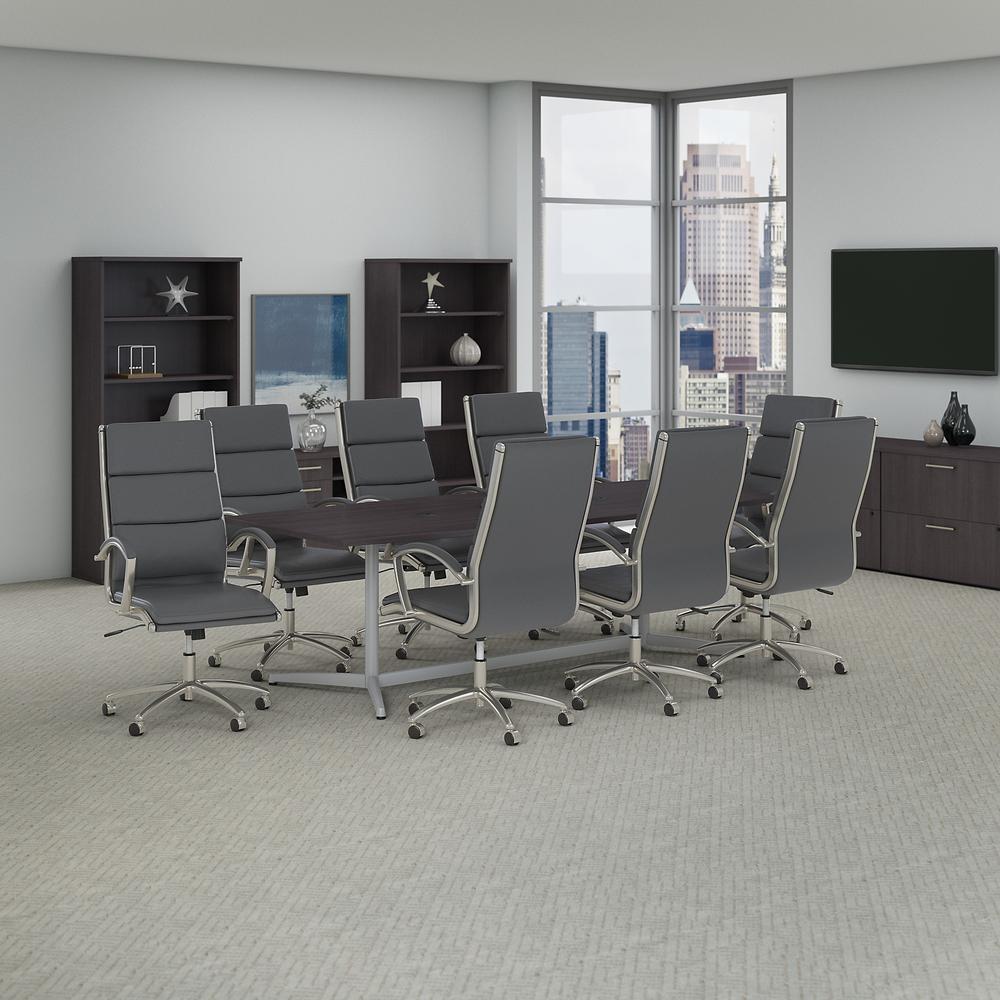 96W x 42D Boat Shaped Conference Table with Metal Base and Set of 8 High Back Office Chairs, Storm Gray. Picture 2