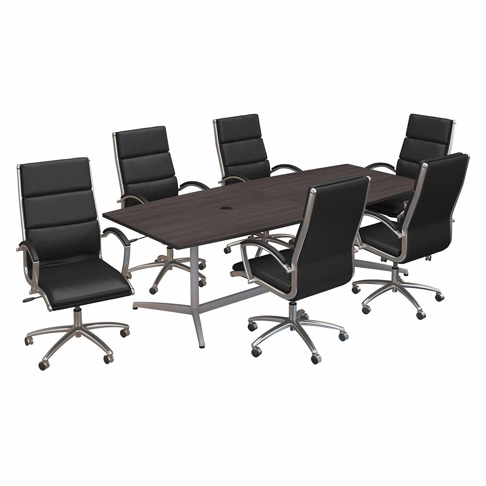 96W x 42D Boat Shaped Conference Table with Set of 6 Leather Office Chairs. Picture 1