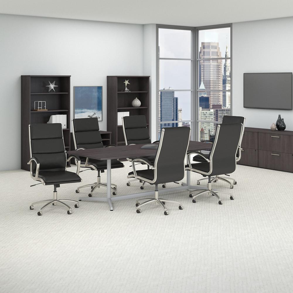 96W x 42D Boat Shaped Conference Table with Set of 6 Leather Office Chairs. Picture 2