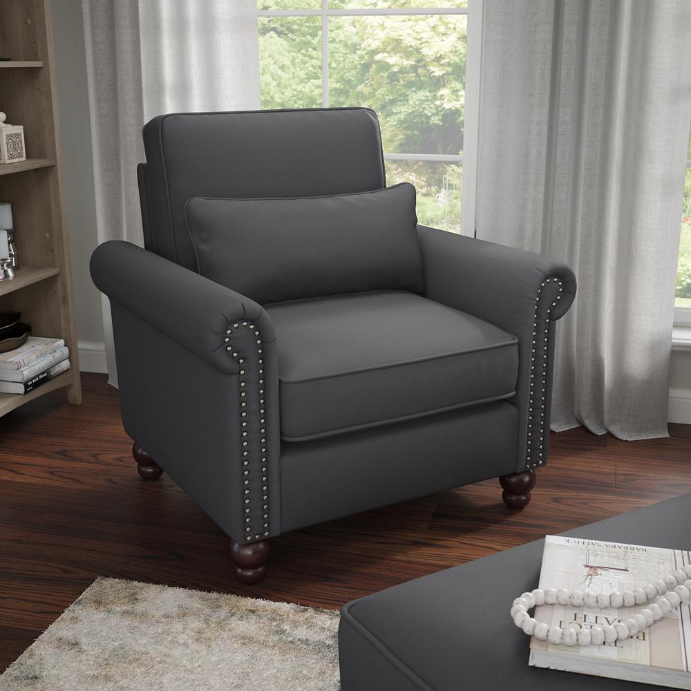 Bush Furniture Coventry Accent Chair with Arms, Charcoal Gray Herringbone Fabric. Picture 2
