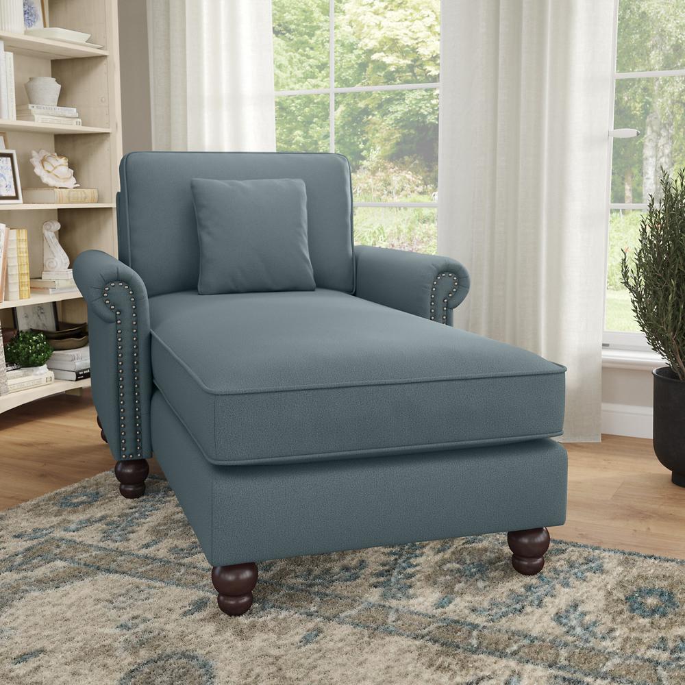 Bush Furniture Coventry Chaise Lounge with Arms, Turkish Blue Herringbone Fabric. Picture 1