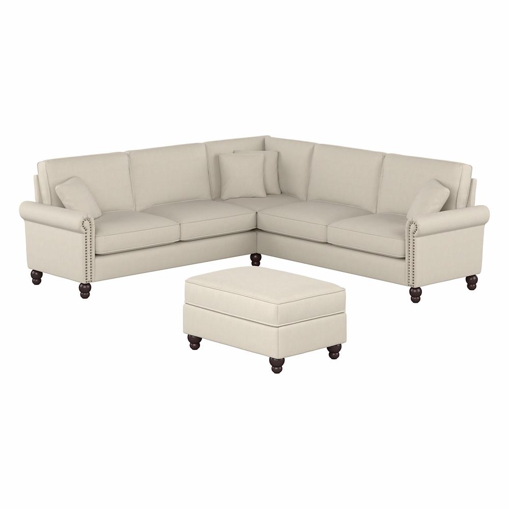 Bush Furniture Coventry 99W L Shaped Sectional Couch with Ottoman, Cream Herringbone Fabric. Picture 1