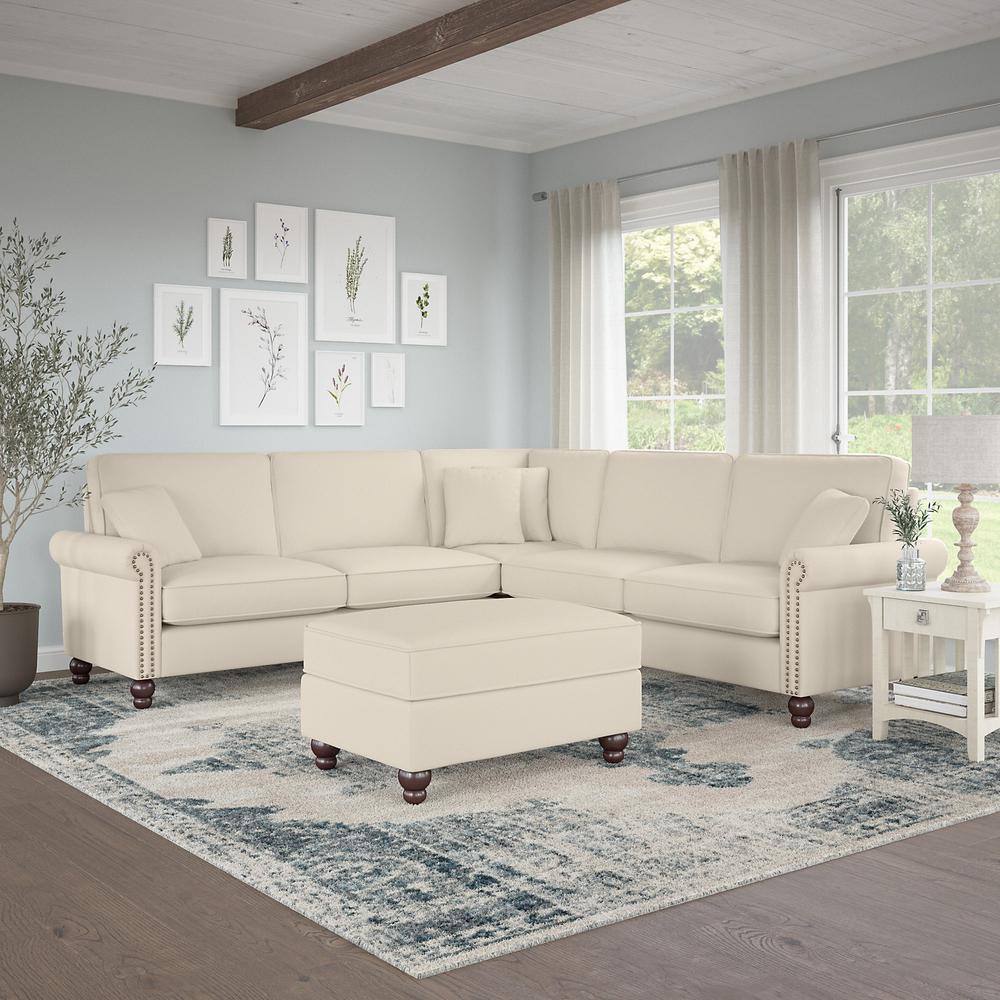 Bush Furniture Coventry 99W L Shaped Sectional Couch with Ottoman, Cream Herringbone Fabric. Picture 2