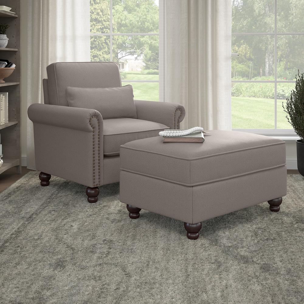 Bush Furniture Coventry Accent Chair with Ottoman Set, Beige Herringbone Fabric. Picture 2