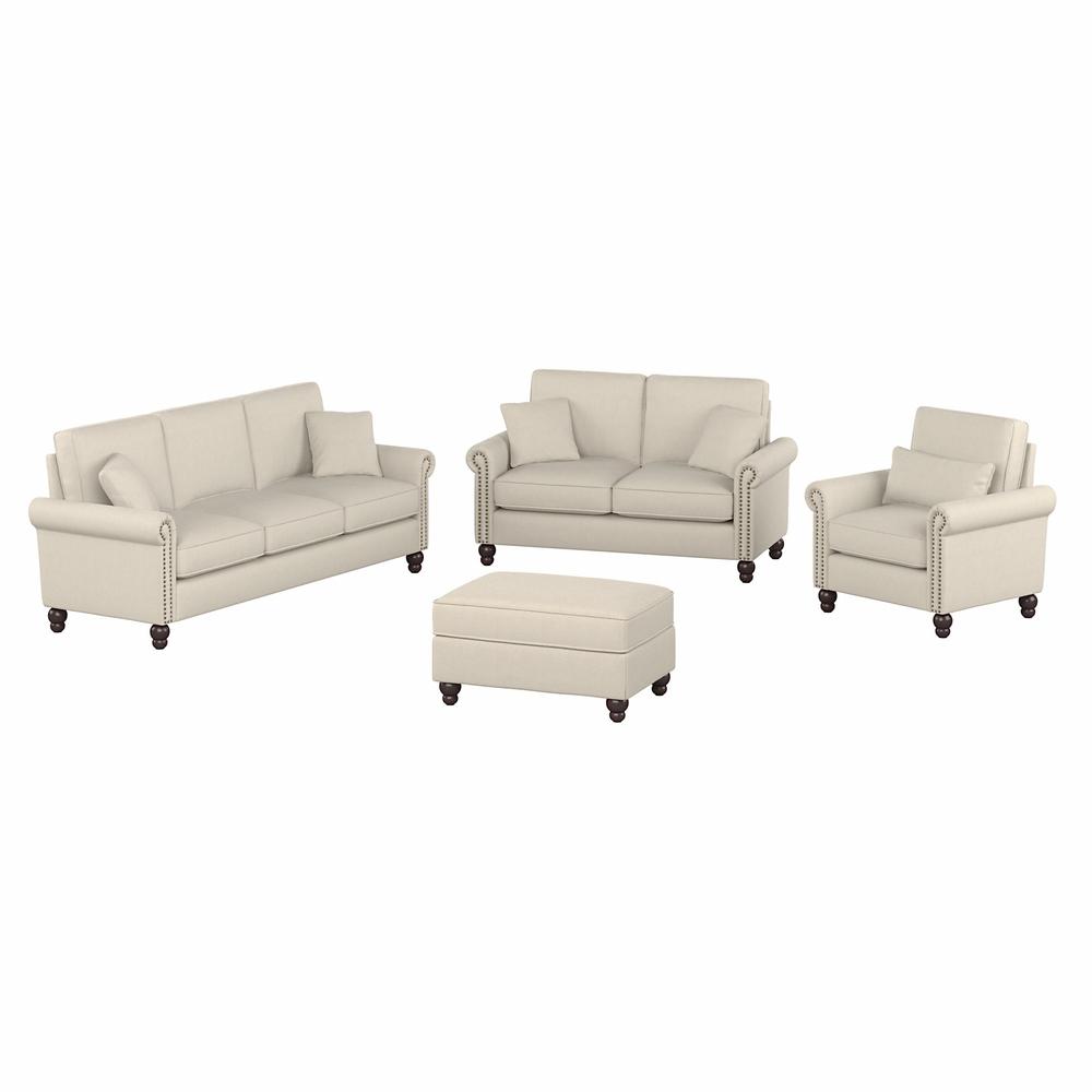 Bush Furniture Coventry 85W Sofa with Loveseat, Accent Chair, and Ottoman, Cream Herringbone Fabric. Picture 1