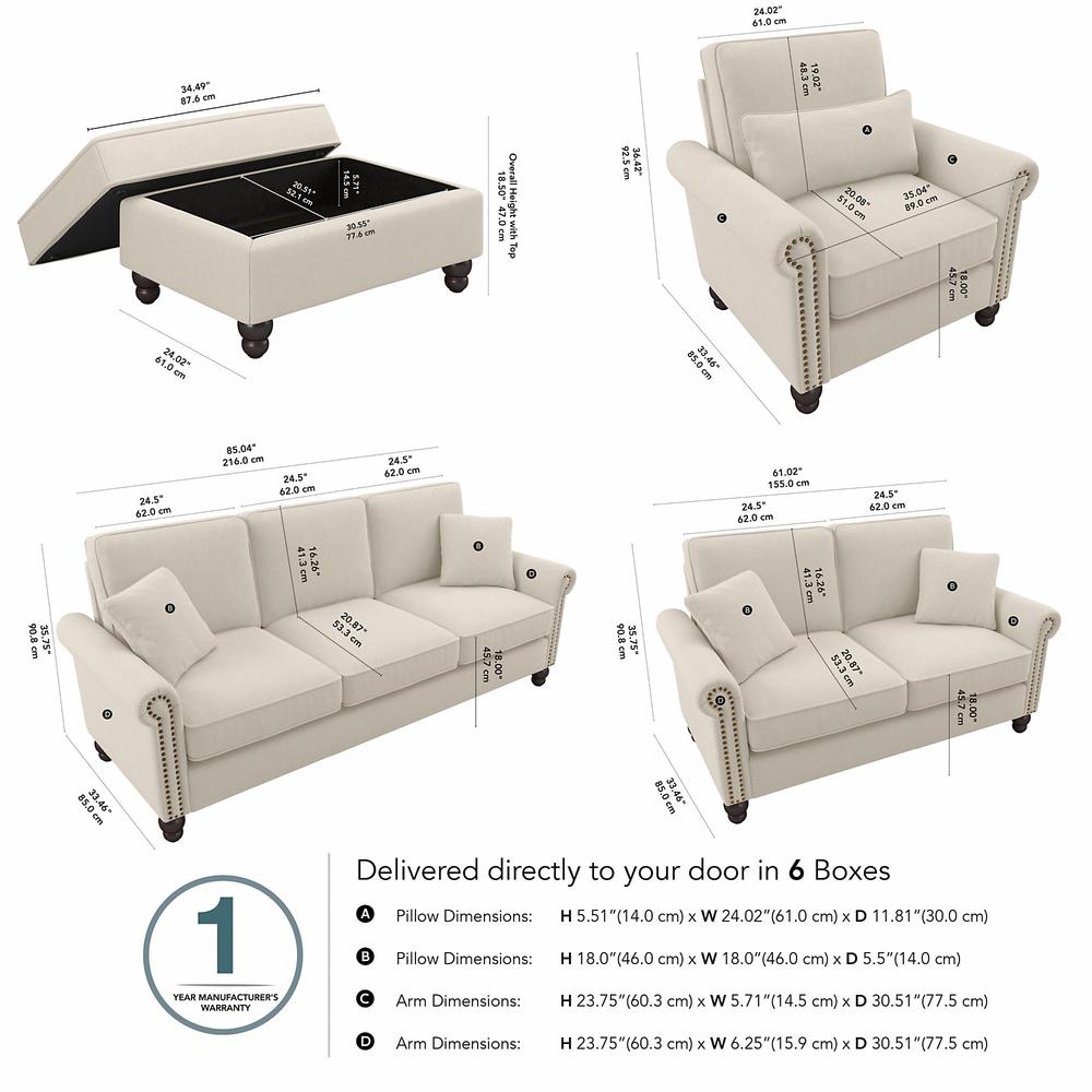 Bush Furniture Coventry 85W Sofa with Loveseat, Accent Chair, and Ottoman, Cream Herringbone Fabric. Picture 5