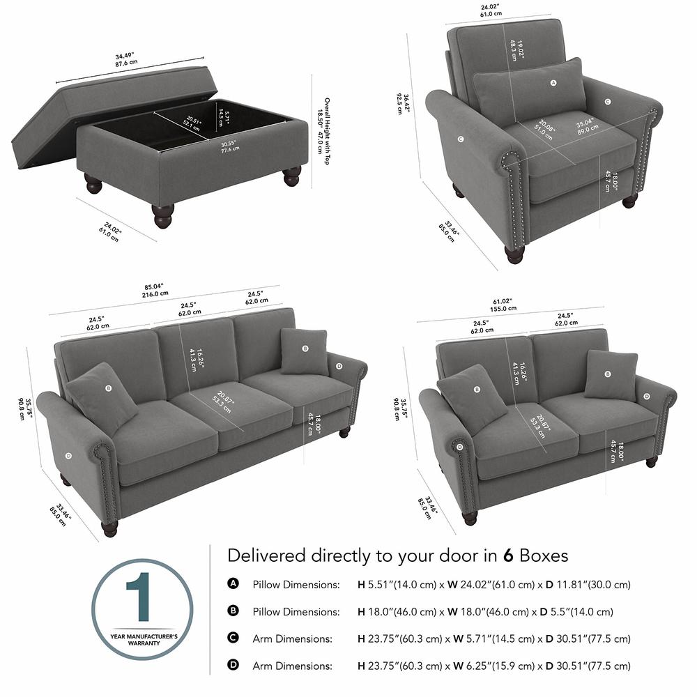 Bush Furniture Coventry 85W Sofa with Loveseat, Accent Chair, and Ottoman, French Gray Herringbone Fabric. Picture 5