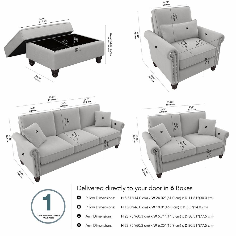 Bush Furniture Coventry 85W Sofa with Loveseat, Accent Chair, and Ottoman, Light Gray Microsuede Fabric. Picture 5
