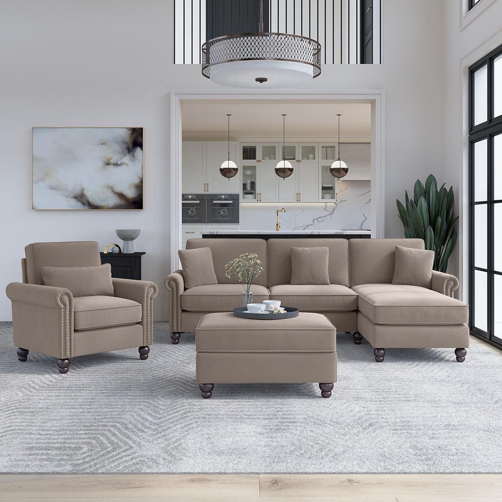 Sectional Couch with Reversible Chaise Lounge, Accent Chair, and Ottoman Tan. Picture 2