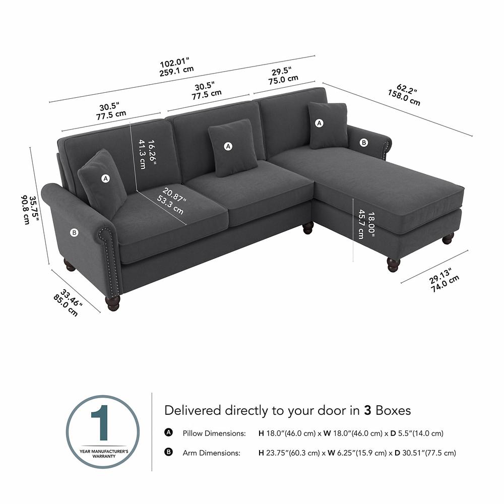 Bush Furniture Coventry 102W Sectional Couch , Charcoal Gray Herringbone Fabric. Picture 6