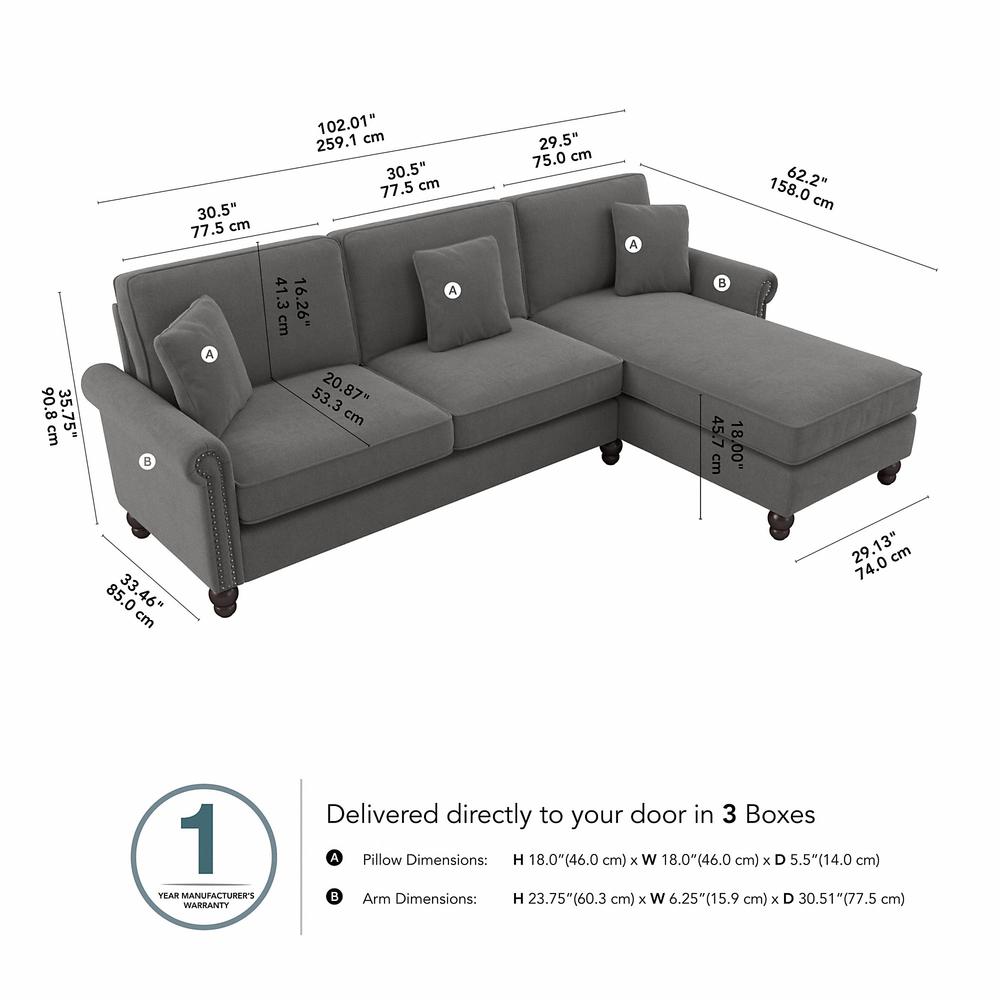 Bush Furniture Coventry 102W Sectional Couch , French Gray Herringbone Fabric. Picture 6