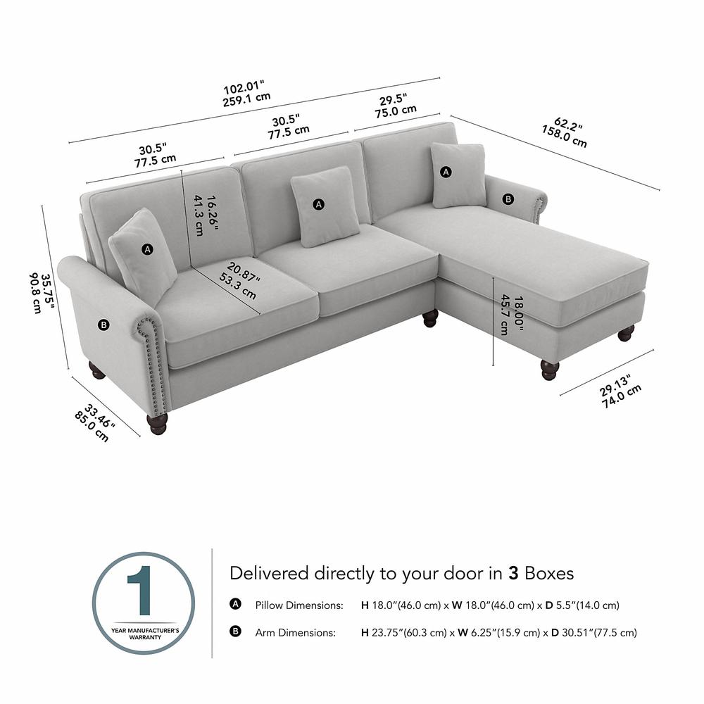 Bush Furniture Coventry 102W Sectional Couch , Light Gray Microsuede Fabric. Picture 6