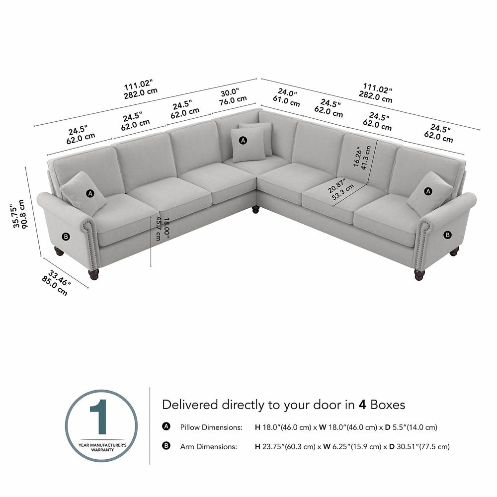 Bush Furniture Coventry 111W L Shaped Sectional Couch, Light Gray Microsuede Fabric. Picture 6