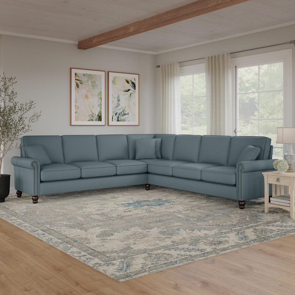 Bush Furniture Coventry 111W L Shaped Sectional Couch, Turkish Blue Herringbone Fabric. Picture 2