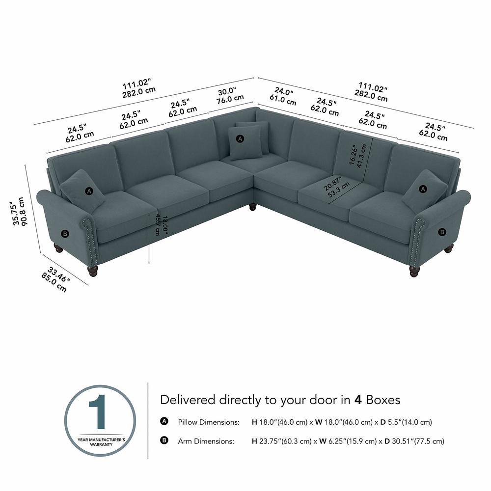 Bush Furniture Coventry 111W L Shaped Sectional Couch, Turkish Blue Herringbone Fabric. Picture 6