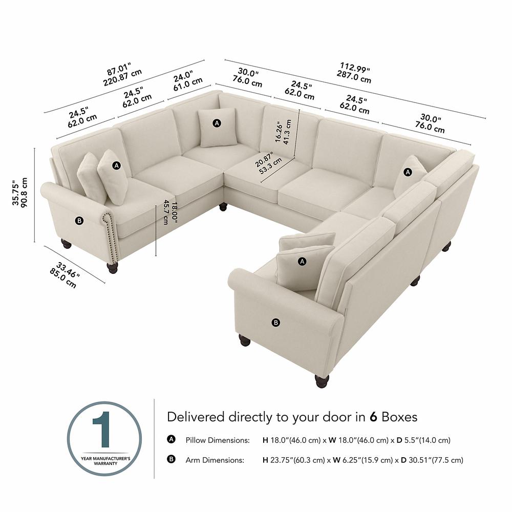 Bush Furniture Coventry 113W U Shaped Sectional Couch, Cream Herringbone Fabric. Picture 6