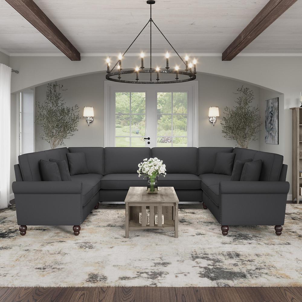 Bush Furniture Coventry 125W U Shaped Sectional Couch, Charcoal Gray Herringbone Fabric. Picture 2