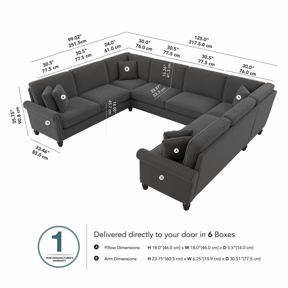 Bush Furniture Coventry 125W U Shaped Sectional Couch, Charcoal Gray Herringbone Fabric. Picture 6