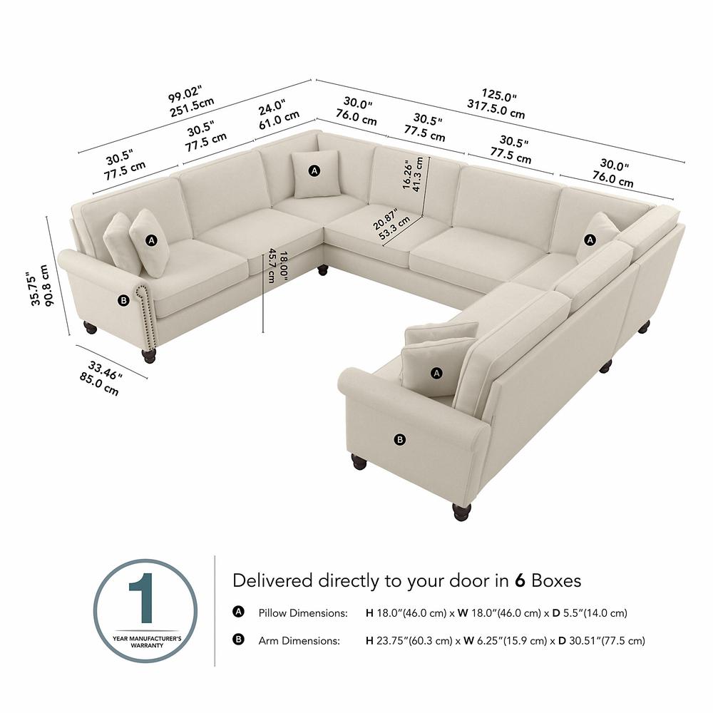 Bush Furniture Coventry 125W U Shaped Sectional Couch, Cream Herringbone Fabric. Picture 6