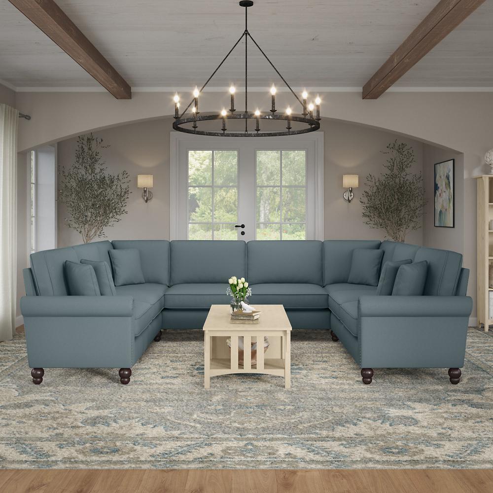 Bush Furniture Coventry 125W U Shaped Sectional Couch, Turkish Blue Herringbone Fabric. Picture 2