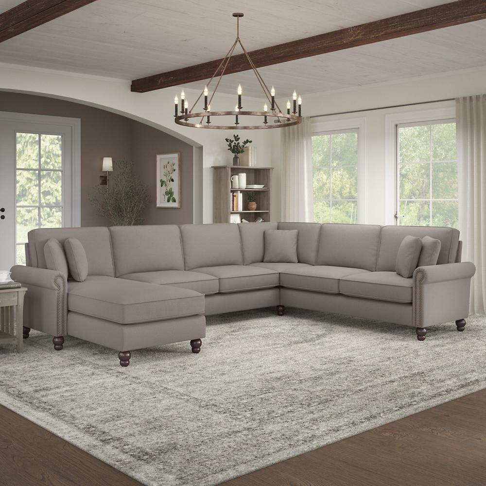 Bush Furniture Coventry 128W U Shaped Sectional Couch , Beige Herringbone Fabric. Picture 2
