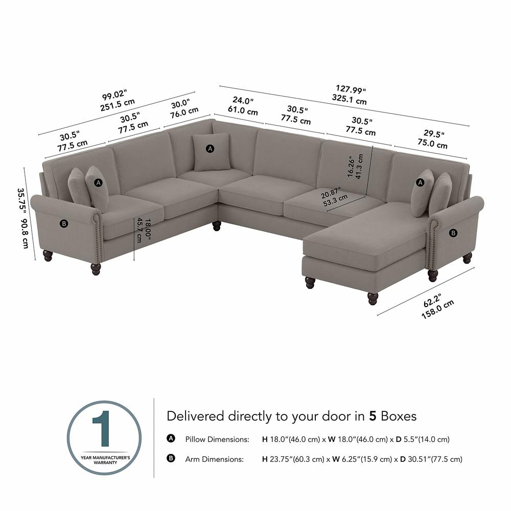 Bush Furniture Coventry 128W U Shaped Sectional Couch , Beige Herringbone Fabric. Picture 6