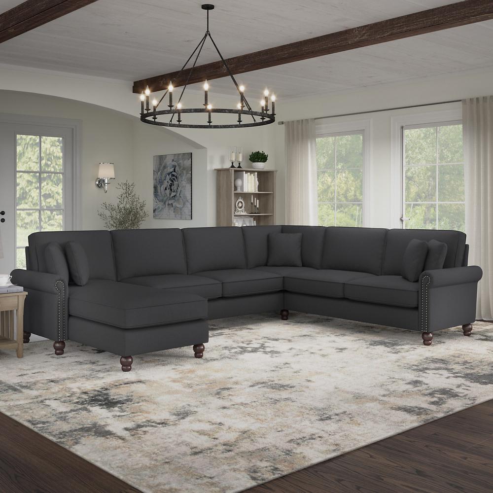 Bush Furniture Coventry 128W U Shaped Sectional Couch , Charcoal Gray Herringbone Fabric. Picture 2