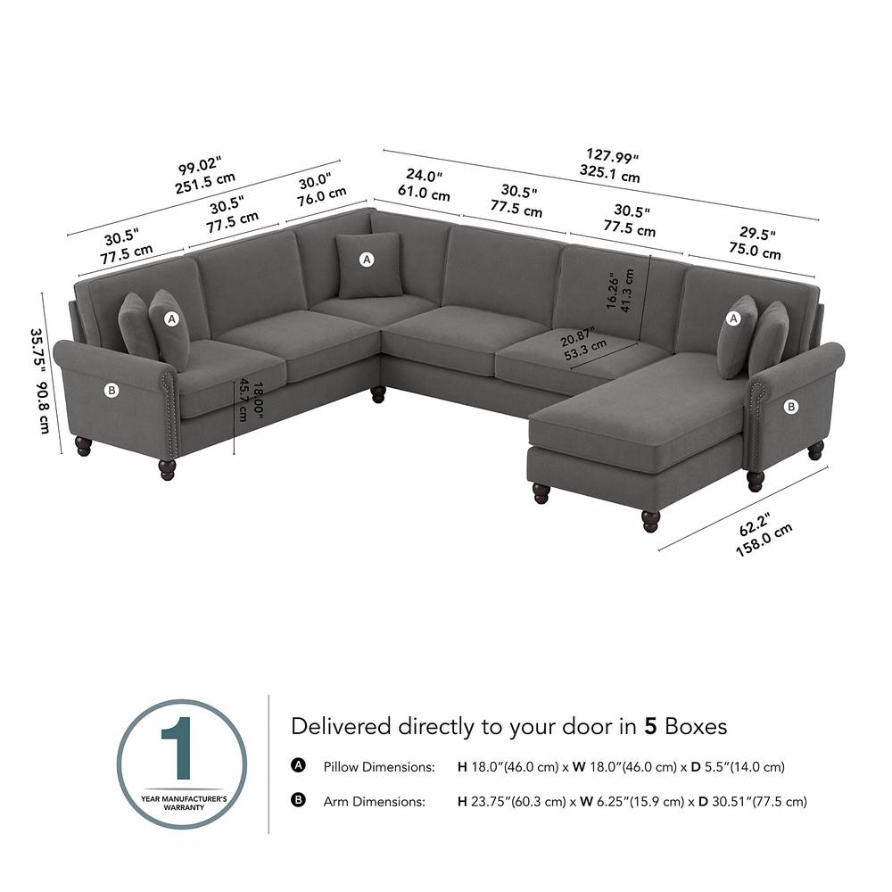 Bush Furniture Coventry 128W U Shaped Sectional Couch , French Gray Herringbone Fabric. Picture 6