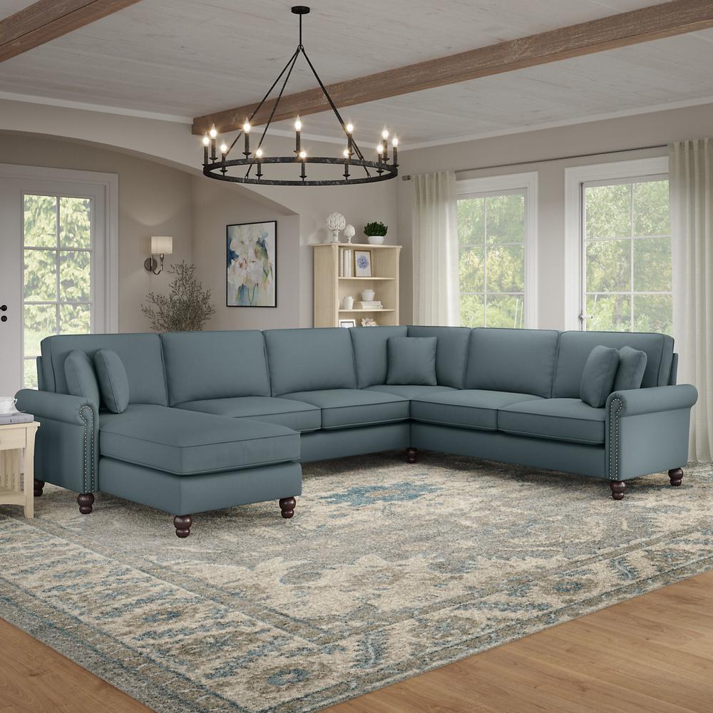 Bush Furniture Coventry 128W U Shaped Sectional Couch , Turkish Blue Herringbone Fabric. Picture 2