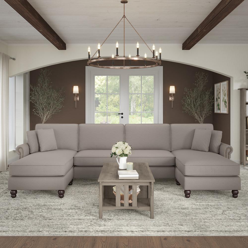Bush Furniture Coventry 131W Sectional Couch with Double Chaise Lounge, Beige Herringbone Fabric. Picture 2