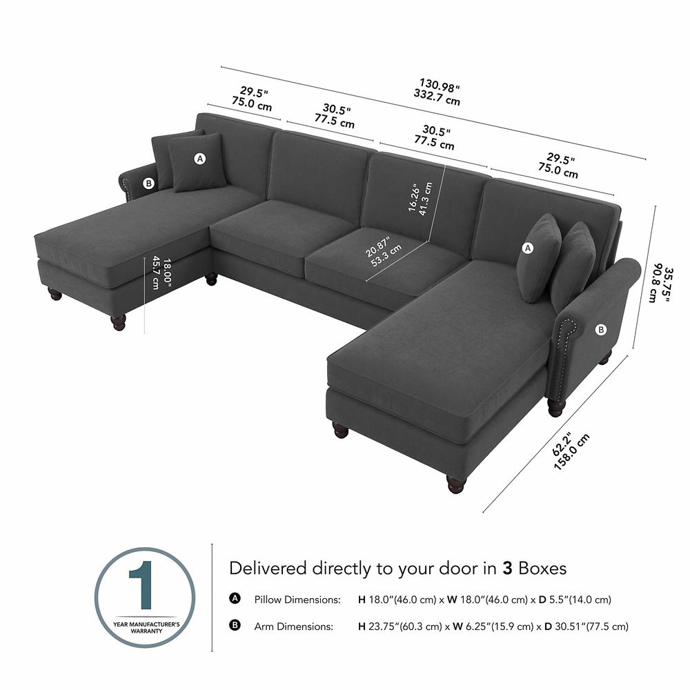 Bush Furniture Coventry 131W Sectional Couch with Double Chaise Lounge, Charcoal Gray Herringbone. Picture 6