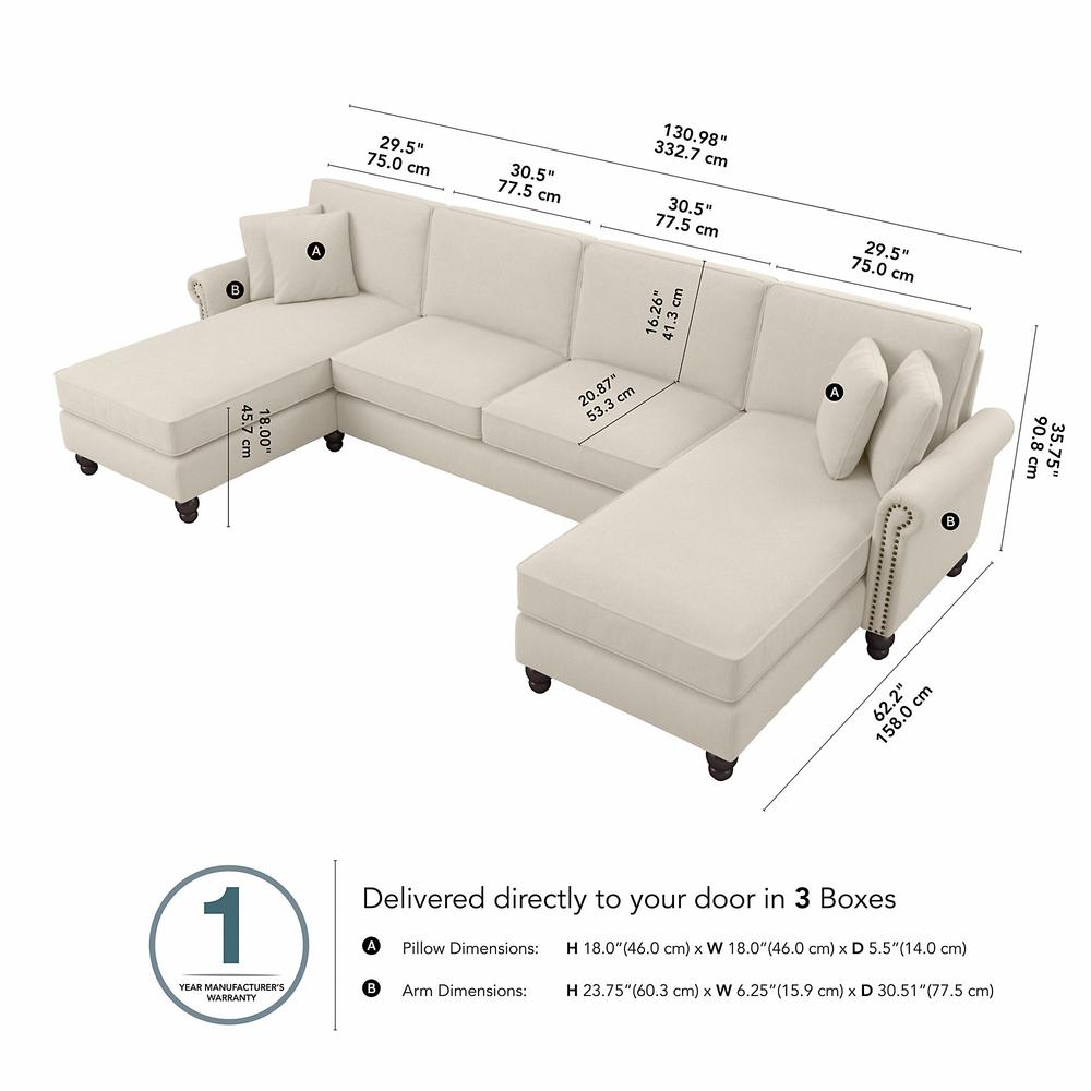 Bush Furniture Coventry 131W Sectional Couch with Double Chaise Lounge, Cream Herringbone Fabric. Picture 6