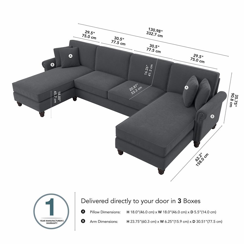 Bush Furniture Coventry 131W Sectional Couch with Double Chaise Lounge, Dark Gray Microsuede Fabric. Picture 6