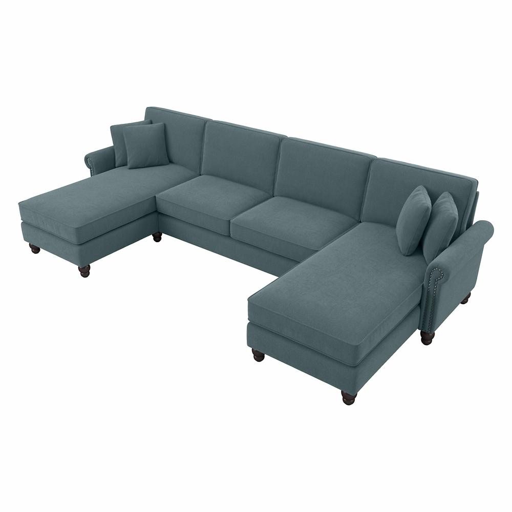 Bush Furniture Coventry 131W Sectional Couch with Double Chaise Lounge, Turkish Blue Herringbone. Picture 1