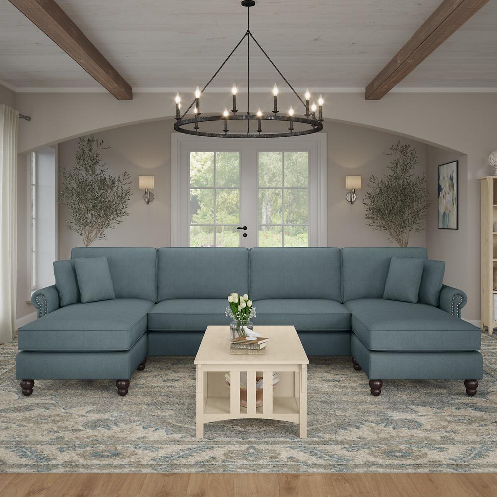 Bush Furniture Coventry 131W Sectional Couch with Double Chaise Lounge, Turkish Blue Herringbone. Picture 2
