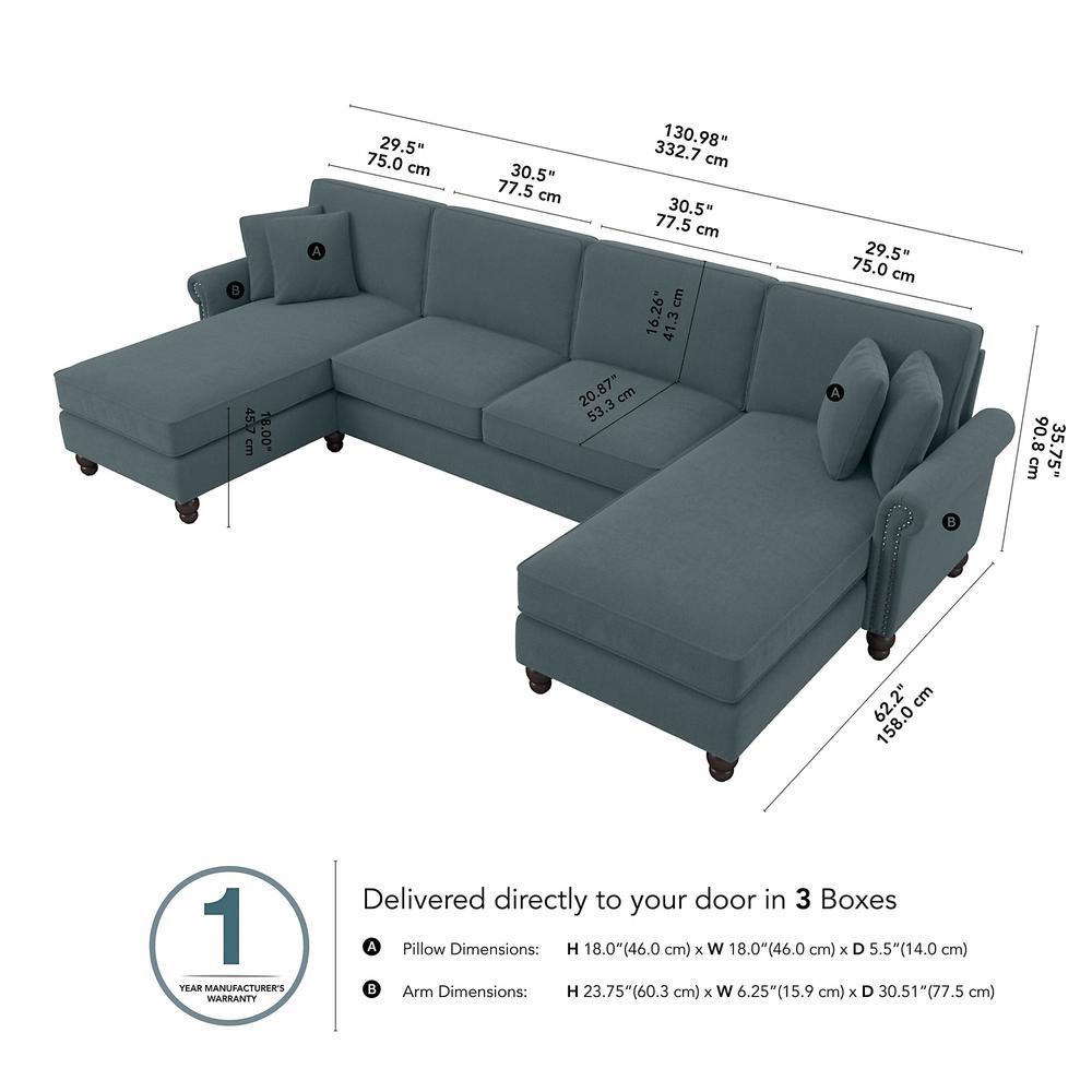 Bush Furniture Coventry 131W Sectional Couch with Double Chaise Lounge, Turkish Blue Herringbone. Picture 6