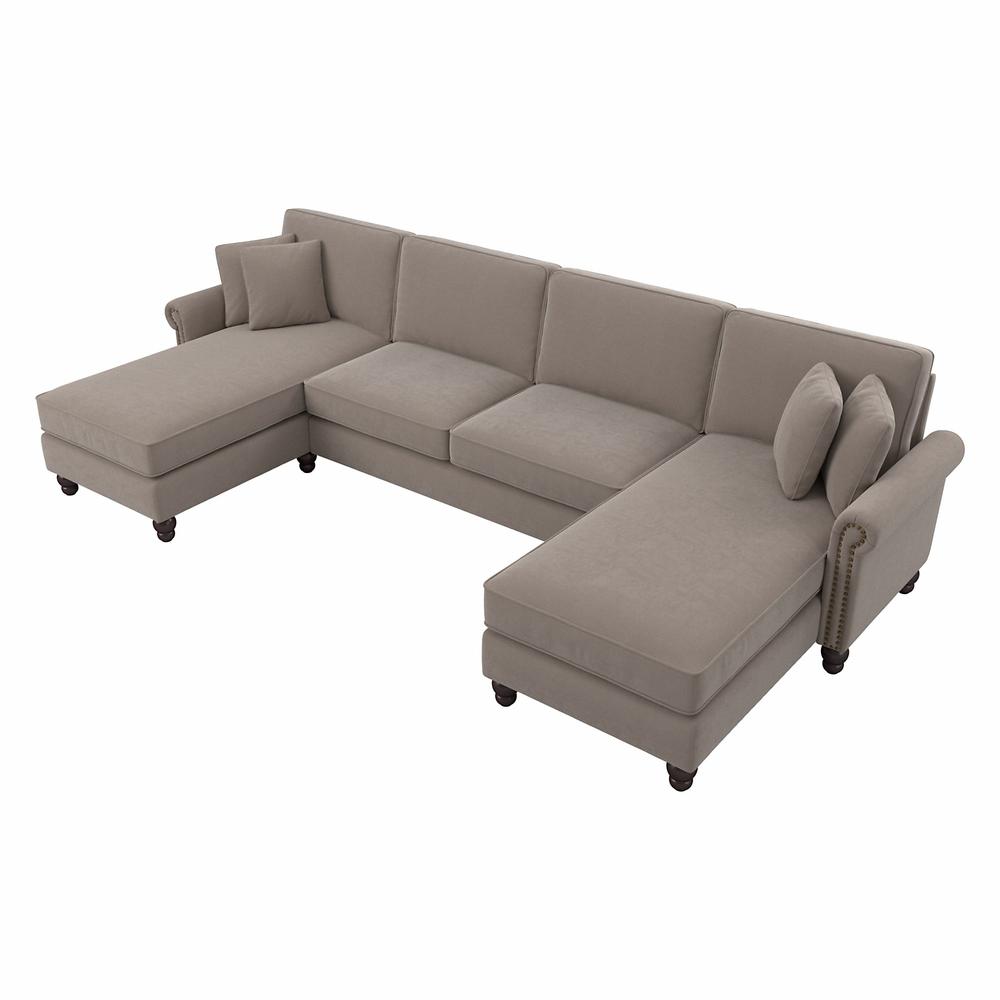 Bush Furniture Coventry 131W Sectional Couch with Double Chaise Lounge, Tan Microsuede Fabric. Picture 1