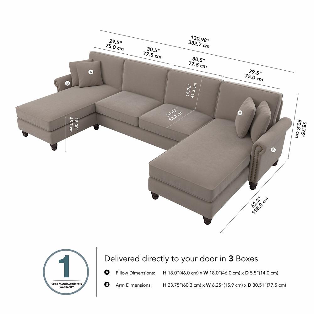 Bush Furniture Coventry 131W Sectional Couch with Double Chaise Lounge, Tan Microsuede Fabric. Picture 6