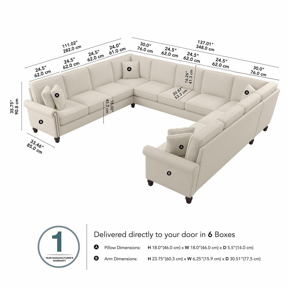 Bush Furniture Coventry 137W U Shaped Sectional Couch, Cream Herringbone Fabric. Picture 6