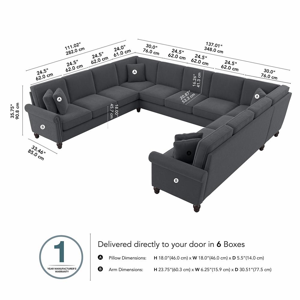 Bush Furniture Coventry 137W U Shaped Sectional Couch, Dark Gray Microsuede Fabric. Picture 6