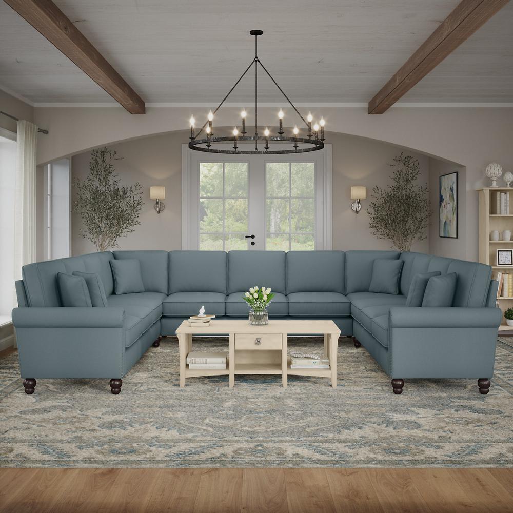 Bush Furniture Coventry 137W U Shaped Sectional Couch, Turkish Blue Herringbone Fabric. Picture 2