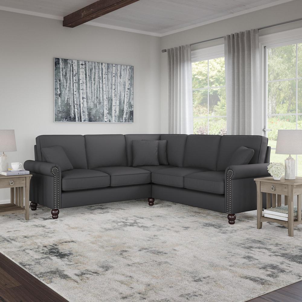Bush Furniture Coventry 87W L Shaped Sectional Couch, Charcoal Gray Herringbone Fabric. Picture 2